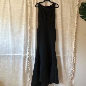 bebe mermaid floor length plunging neckline gown